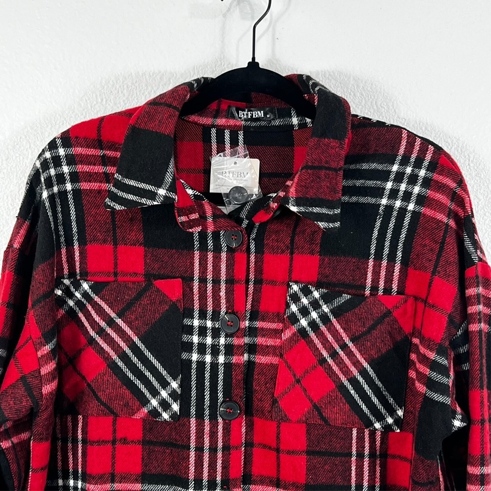 BTFBM Flannel Red Black Button Up Long Sleeve Plaid Check Women's M‎ NWT - Picture 2 of 14